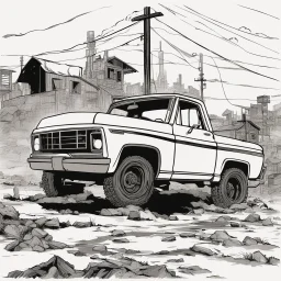 pickup truck , silhouette, comic book, post-apocalypse, white background,