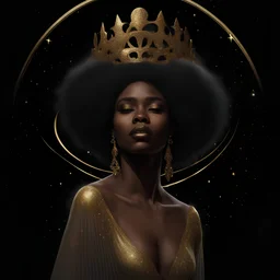 a portrait of a dark-skinned black woman wearing a glittery, golden halo headpiece crown, and a black and gold, flowy, long-sleeved dress. She is crying golden, glittery tears, background is in outer space, filled with stars, forward facing, close shot, photorealistic art