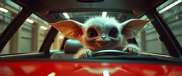 car driving happy fluffy reflective alien sloth gremlin woman in the style of Escher and Giger and Fallout 4, pinhole cam, airbrush 3d rendering, on tv screen:A five-second cinematic single take in a clean industrial presentation hall.