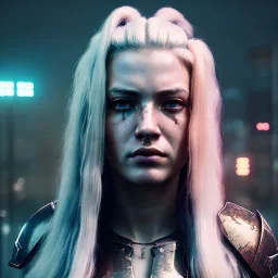 a moody close-up portrait of beautiful female warrior with long white hair in a cyberpunk city, volumetric lighting, particals, intricate detail,realistic, 8k