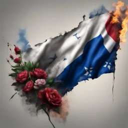 Hyper Realistic Israel flag burning & Palestine flag with flowers showing visible crack marks and embers in the central portion