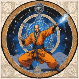 (in the style of Orion, by Masamune Shirow) a Shaolin monk casting a magic spell in the middle of a pentacle, magic is in the air