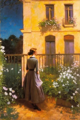 Night, vegetations, flowers, one woman looking at a distant house, mistery, gothic horror films influence, gustave caillebotte, and gustave moreau paintings
