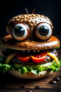 A hamburger with eyes and teeth