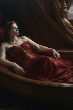 Oil painting A woman lies in a boat and next to her the king reclines and looks at her wearing a dark red dress exposed from above in the ancient era Photorealistic