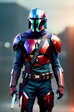 Mandalorian anime warrior, portrait from waist up, intricate eyeliner, vibrant eyeshadow, clear completion, soft lighting, 4k resolution, intricate details, insanely detailed, colorful cityscape background, masterpiece, expert, cinematic smooth, retroanime style, realistic details, no helmet