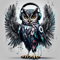 Illustrative sketch of a humanoid owl in music with headphones, full body, ultra quality, hyper detailed, graffiti, concept art, maximalism, 8k