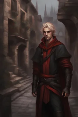 D&D, RPG, medieval, jovem, homem elfo loiro. ladino, com roupas escuras. paisagem urbana em tons de preto e vermelho em tons mais sombrio