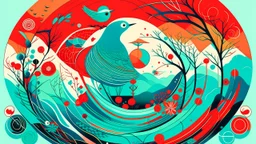 colorful flat illustration classical animes, A surreal landscape with abstract shapes and figures, including a red circular shape, a bird-like creature, and other geometric elements against a green and blue background, draw art style influenced by japanese artists, niji, black outlines