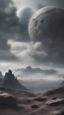 grey cloudy sky, planet in the sky, rocks, mountains, sci-fi, 2000's sci-fi movies influence and influenced by spaghetti westerns