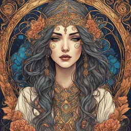 create an ethereal, darkly magical art nouveau illustration of an epic female Andalusian sorceress with highly detailed and deeply cut facial features, in the style of GUSTAV KLIMT , ALPHONSE MUCHA , and CHARLES RENNIE MACKINTOSH, combined with searing lines and forceful strokes, precisely drawn, boldly inked, and darkly colored