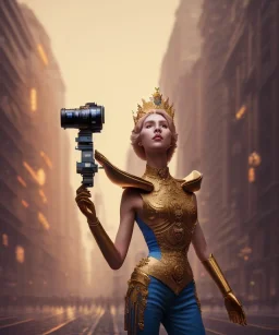 Statue of Queen of photography holding camera in hands. Cute blonde woman. Photographer in golden crown. Standing on the street. Big camera in her hand. hyperdetailed, photorealistic, trending on artstation, greg rutkowski, beksinski, kodachrome, volumetric lighting, gold and cyan