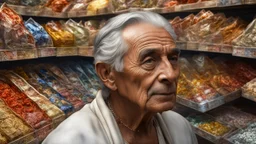 elderly male market trader selling many different types of condom, showing his head and upper body, perfect eyes, perfect anatomy, exquisite composition, beautiful detailed intricate detailed octane render, 8k artistic photography, photorealistic, soft natural volumetric cinematic perfect light, chiaroscuro, award-winning photograph, masterpiece, raphael, caravaggio, bouguereau