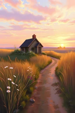 Paint a peaceful countryside at dawn, featuring a small, rustic cottage surrounded by wildflowers. A dirt path leads to the cottage, bordered by tall, golden grasses swaying in the morning breeze. The sky is awash with soft pinks, oranges, and purples as the sun begins to rise. Capture the tranquil mood with delicate brushstrokes and a warm, earthy color palette.