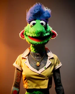 hybrid character, waitress sexy woman with monster muppet mask that covers her entire head, gold pop, short shirt, old school tattoo, retro style, Sesame Street style, neon, smooth, unreal engine 5, god lights, ray tracing, RTX, lumen lighting, ultra detail, volumetric lighting, 3d.