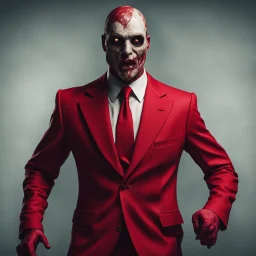 a sinister figure wearing a red suit with a red tie who is missing the skin on his face