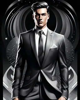 Fondo negro Arte illustration Hombre con traje y corbata moda futurista elegante, color gris, calidad ultra, hiperdetallada, 12k