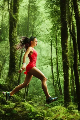 woman in forest, mid shot, running away from, slipped, wet,