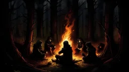 **Chapter Description: “Echoes of Fear: Storytelling in the Darkness of the Woods”** Friends gather around a blazing fire in the middle of the bloody night, where the flames speak the language of darkness and the pages of the history of the abandoned forest turn. The flames cast terrifying lights that shadow their faces, revealing a tension that suggests the scary stories that fill the night. Friends line up next to each other, surrounded by their echoes and the dark shadows of trees. Someone