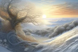 Winter, wind, white sunset, zentangle style art, 3D, highly detailed, digital painting, photorealistic, colorful. oaward winning, fantastic view, 4K 3D, hdr, matte background, pencil sketch, Ultra realistic. Cameron Gray. Dmitry Vishnevsky. Dominic Davison. Josephine Wall