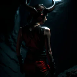 a beautiful tiefling woman with dark hairand tiefling horns in a sleeveless battle outfit, seen from the back, at the edge of a precipice in the dark, ready to jump, photo quality, dark colors