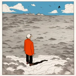 a alone man. pen and ink, birds eye view, illustrated by hergé, Background space and earth