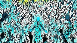 Abstract surreal scene of a human soul in conflict a caracter dissolving into shadows and fog, body torn into shards of light and darkness. Shapes twist and melt like oil paint, forming ghostly hands and distorted faces emerging from the fog. The background is a blur of noise, chaotic patterns and faceless crowds, symbolizing the indifferent outside world. A haunting, dreamlike composition that captures isolation, inner demons, struggle of anxiety. surreal, atmospheric