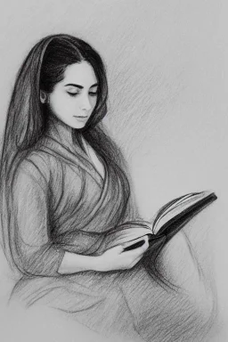 Pencil sketch of Young woman, Arab features,sad, long wavy hair, reading a book, full body، on lined paper