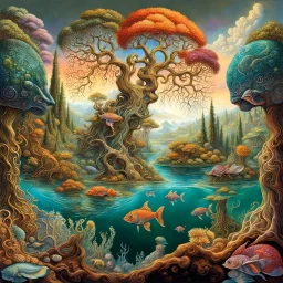 Imaginary landscape trees. . And he sells. Meh. lake.Underwater ornamental fish perfect anatomy, fantasy, vibrant digital art professional award winning masterpiece, oil on canvas Atmospheric extremely detailed Josephine Wall