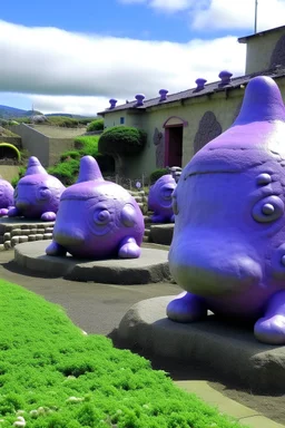 A purple university with slimy snails designed in Moai statues