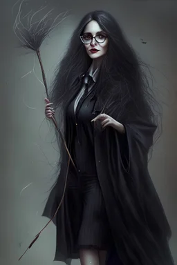 Happy mysterious witch, small nose, with two hands, she puts on thick glasses, she wears a black jacket, she wears high heels shoes, Full body, very long legs, high detail, she holds a stick in her hand, face high details, long hair, stunning realistic photograph
