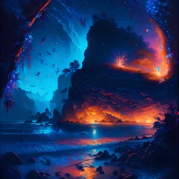 dark cerulean spectral glow, gloomy midnight fae realm, a beautiful tropical beach surrounded by rock arches, glowing with swirling iridescent water magic energy, surrounded by fireflies 🌅✨🦋 where dreams and reality blur, ethereal, by Jason Felix, Alena Aenami, and Leonid Afremov 8k resolution detailed fantasy art