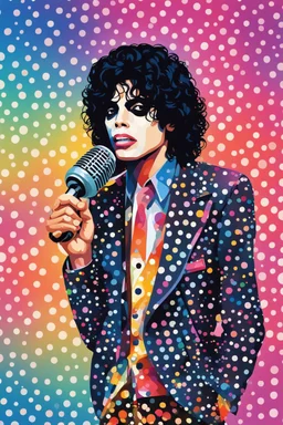 colorful Illustration of a michael jackson microphone in hand and looking at the camera. Polka dots in the background. by munch