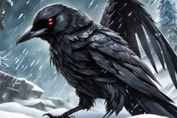 Symbiote Cyber Machine crow in 8k anime realistic drawing style, black wings, close picture, snow, apocalypse, intricate details, highly detailed, high details, detailed portrait, masterpiece,ultra detailed, ultra quality