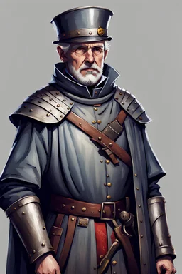 a greying man, a detective wearing medieval guardsman clothing