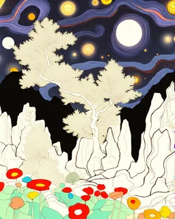 Many colors, peaceful, Egon Schiele, Max Ernst, night sky filled with galaxies and stars, rock formations, trees, flowers, one-line drawing, sharp focus, 8k, deep 3d field, intricate, ornate, one million strokes