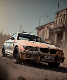 Realistic image. BMW 4 2024. 4k resolution, intricate details, ornate details, soft lighting, vibrant colors, mad max background