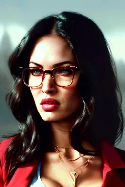 redshift style, a real perfect Megan Fox, glasses, perfect face, intricate, elegant, highly detailed, trending on artstation, by Tom Bagshaw and Seb McKinnon, 150mm portrait, photography, epic cinematic, octane render , denoise, photograph with a Hasselblad H3DII, extremely detailed