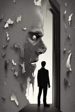 a man looking into a shattered mirror and seeing a horrifying, abstract monstrous reflection