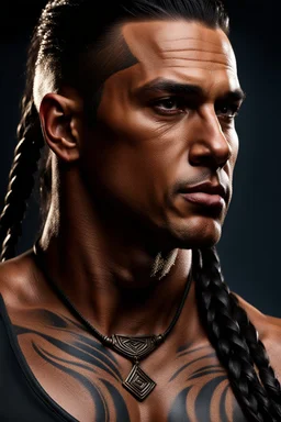 portrait of a 35 year old Handsome muscular warrior with lightly tanned skin and tattoos and dark braided hair. photorealistic