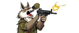 wolf biting legs of sa cared pig general pointing uzi gun up into the air, stupid cartoon, airbrush and pen outline