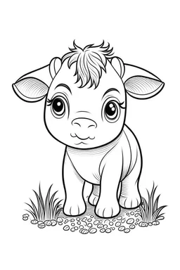 cute coloring page, sketch style, cute baby cow in the farm, cute cartoon, white and black, withe background, no shadows, outline.