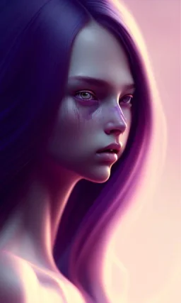 girl, cute, beautiful, long hair, head and shoulders portrait by Greg Rutkowski, purple hair