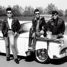 a 50s Greaser ROCK BAND standing in front of a hot rod