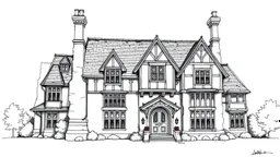 A detailed ink illustration of a front elevation of a Tudor fantasy house, with tall chimneys and roofs.
