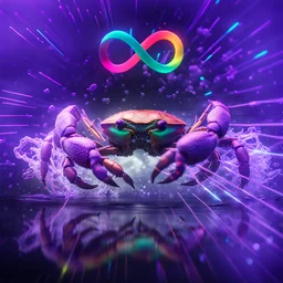 infinity symbol ∞ with vibrant powerful crab jumping out of the water, striking, neon, chiaroscuro, dramatic, captivating, powerful, fantasy, beautiful, octane render, 16k post-production, artstation: award-winning: atmospheric: commanding: fantastical: clarity: ultra quality: striking: brilliance: stunning colors: amazing depth; lens: f/11, 35mm