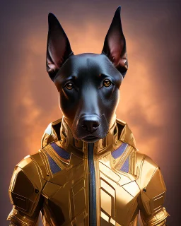 Hombre antropomórfico vista frontal cara humana orejas de perro Doberman obra de arte traje futurista hiperdetallado fantástico nítido cuerpo completo cabeza completa cabeza no recortada piernas completas botas completas botas no recortadas altura 1,75 clima soleado arte arte digital colores contrastantes 8k