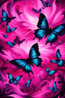 vibrant psychedelic oil painting image, airbrush, 64k, cartoon art image of background HOT PINK and BLACK BUTTERFLIES , futurism style