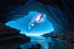 rocky cave . rocky cliff, carved into the rock, galaxy, infinity, space, water , sci-fi.