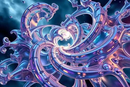 Dynamic complex hypnotic fractal 3D structures radial Symmetry twisting and morphing between organic and geometric forms , smooth translucent iridescent glass with inner glow and bubbles, varied transparent materials, stormy skies, intense dramatic